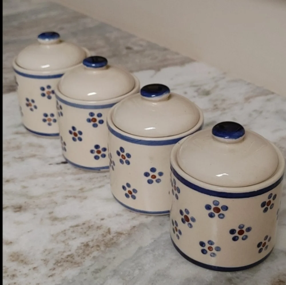 4 Mini VTG Ceramic Canisters Naaman Porcelain Israel Ivory Blue & Burgundy